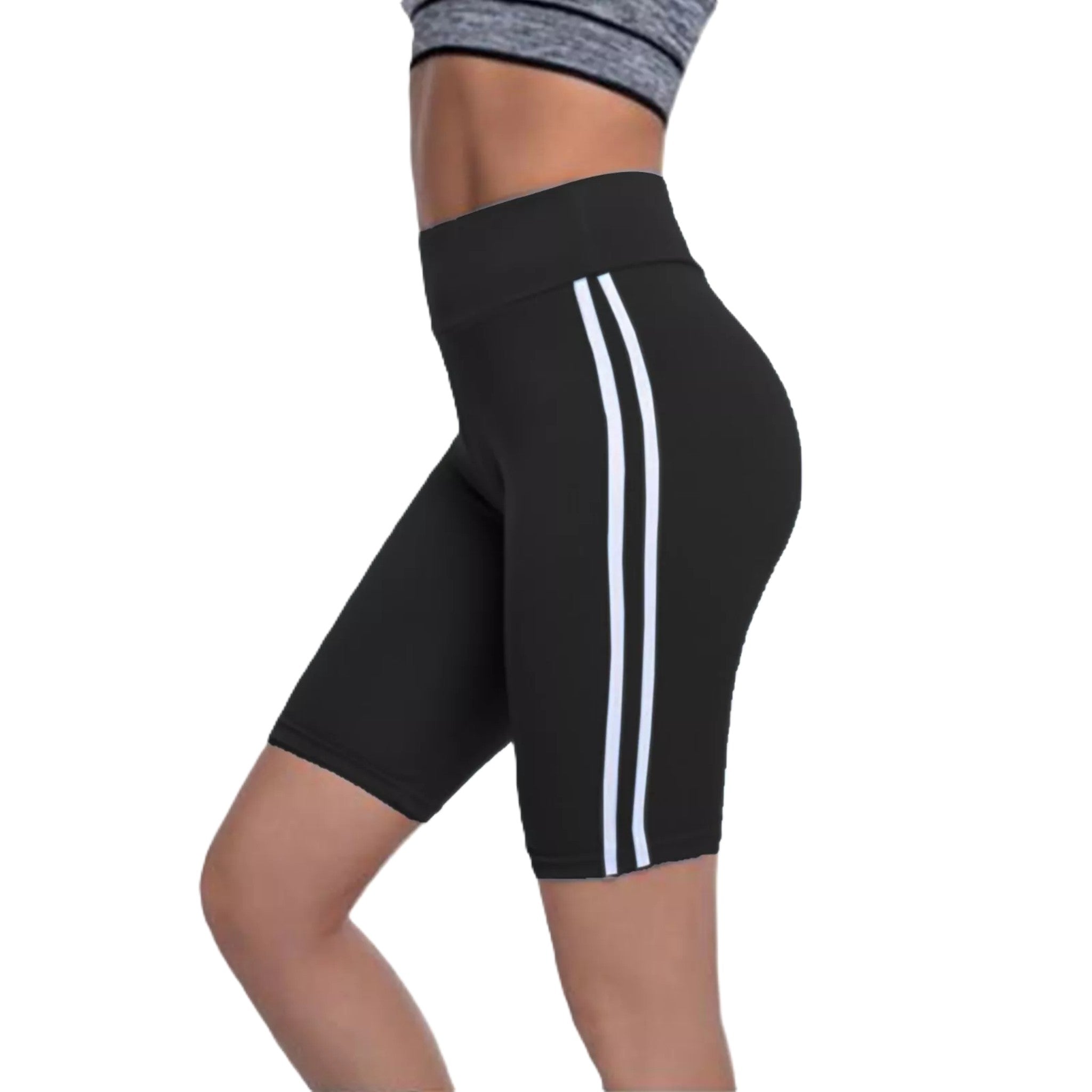 Ladies plus size high-waisted cycling shorts – striped side panel in black